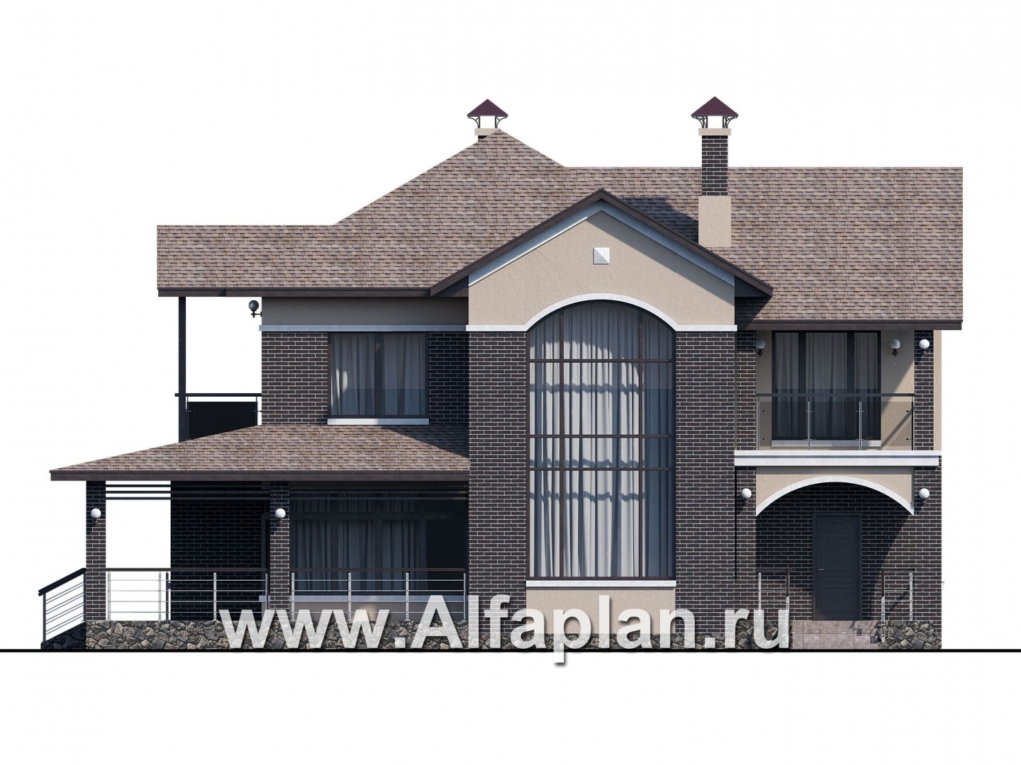 «Голицын» — проект двухэтажного дома из газобетона, с двусветной гостиной, с террасой со стороны входа - фасад дома