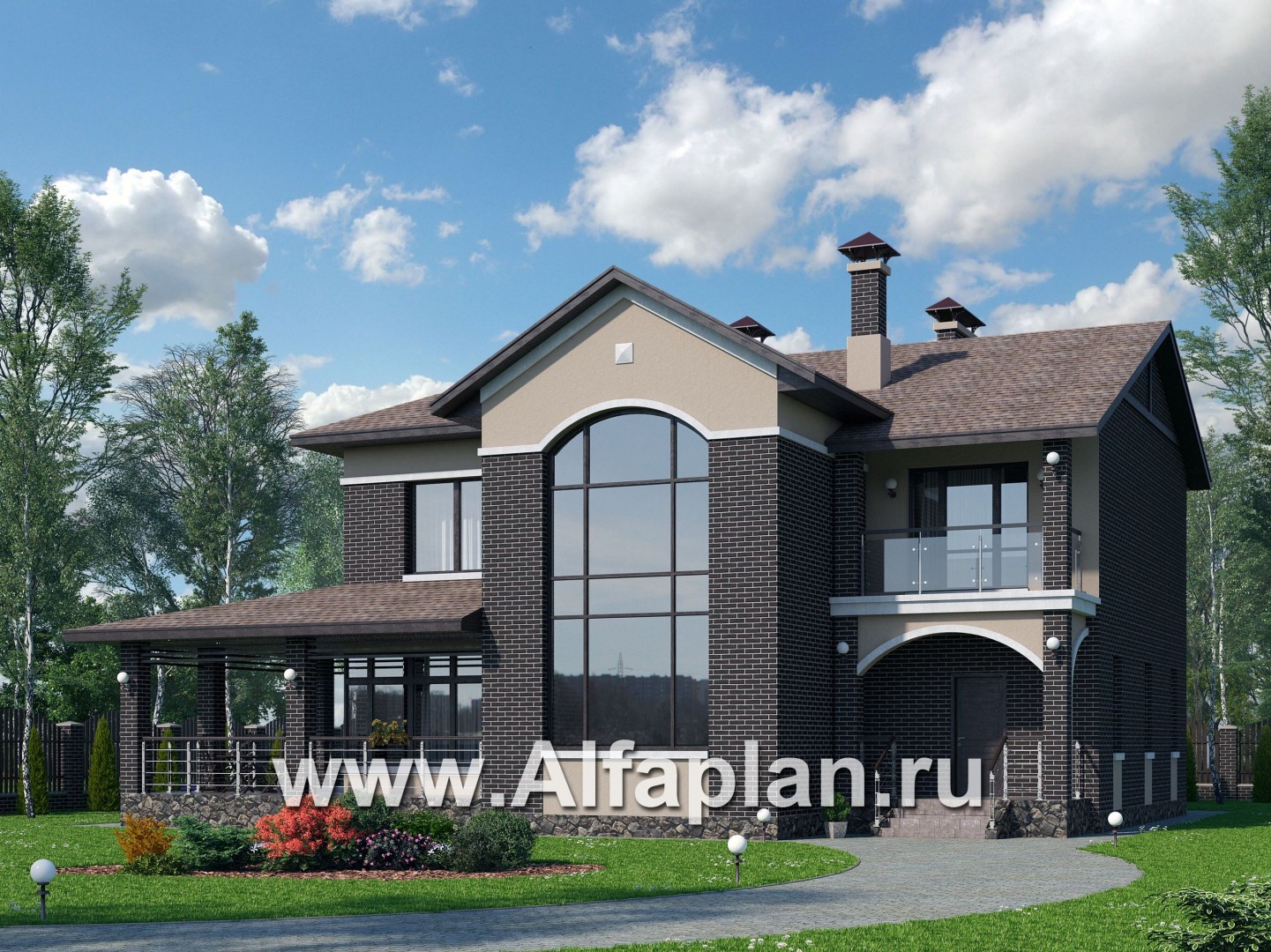«Голицын» — проект двухэтажного дома из газобетона, с двусветной гостиной, с террасой со стороны входа - основное изображение