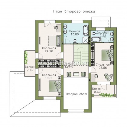 «Голицын» — проект двухэтажного дома из газобетона, с двусветной гостиной, с террасой со стороны входа - превью план дома