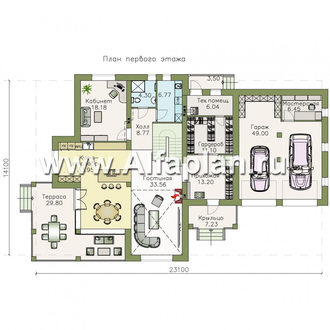 «Голицын» — проект двухэтажного дома из газобетона, с двусветной гостиной, с террасой, с гаражом на 2 авто - план дома