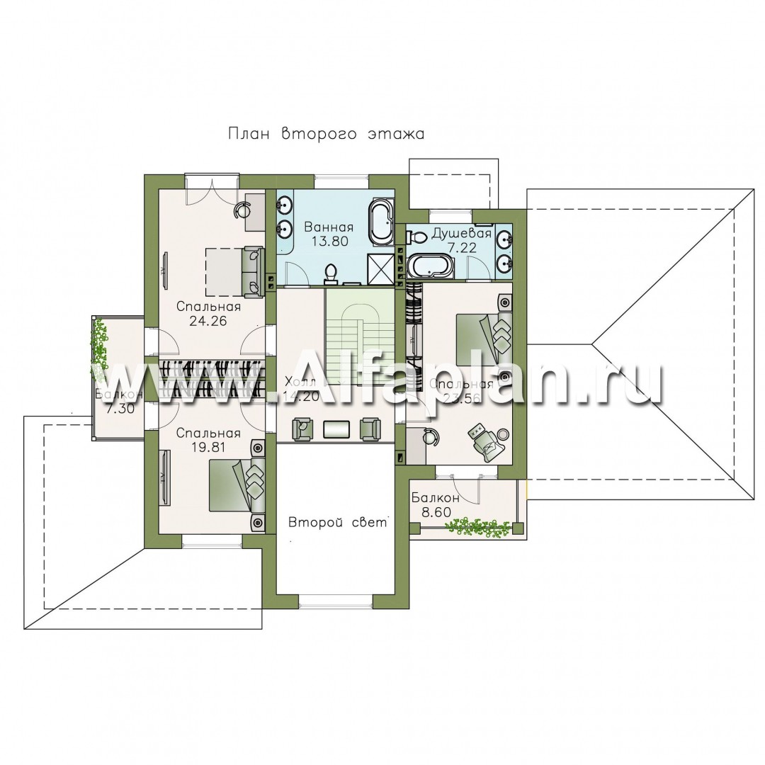 «Голицын» — проект двухэтажного дома из газобетона, с двусветной гостиной, с террасой, с гаражом на 2 авто - план дома