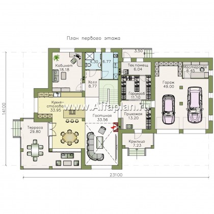 «Голицын» — проект двухэтажного дома из газобетона, с двусветной гостиной, с террасой, с гаражом на 2 авто - превью план дома