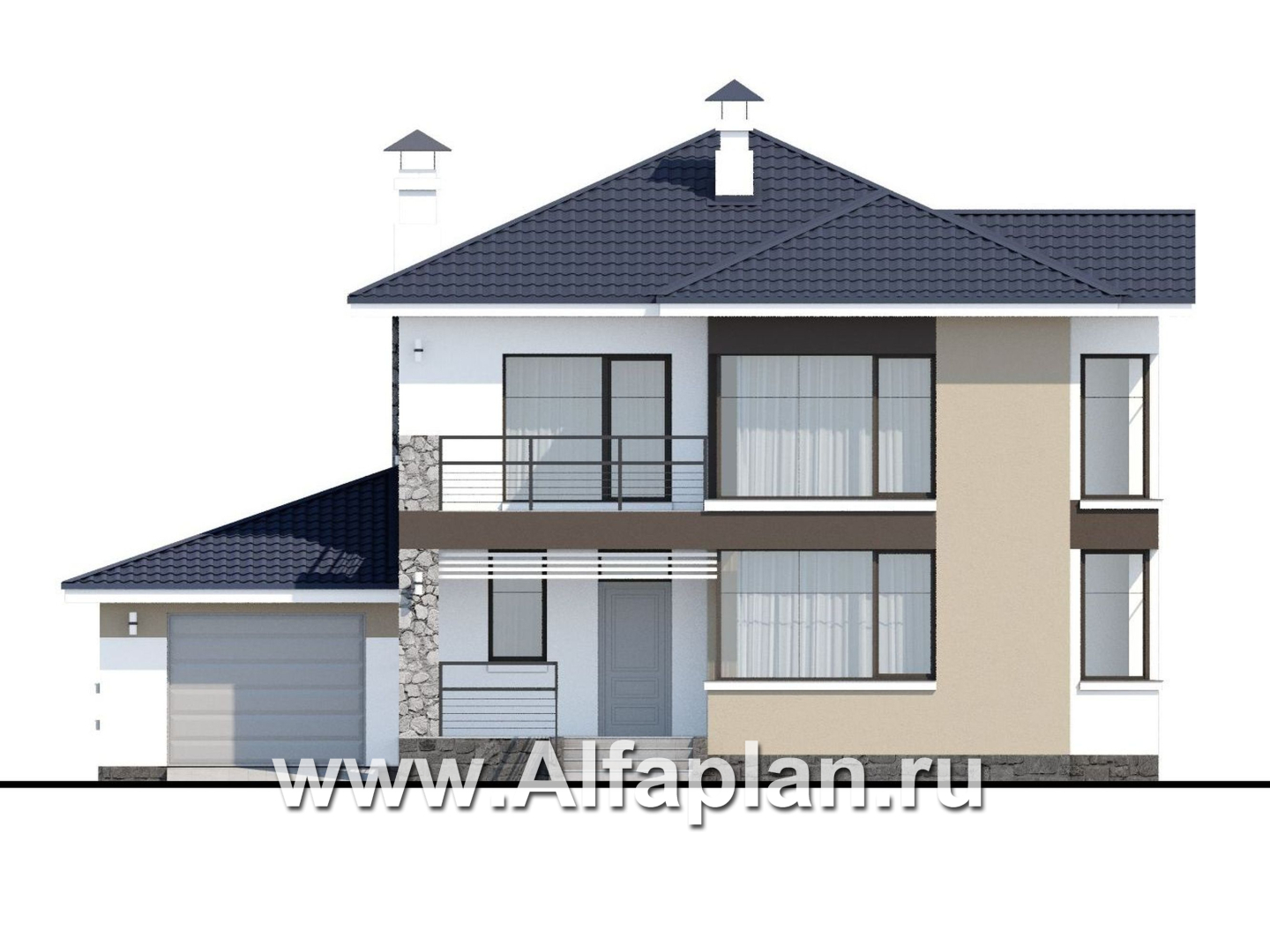 «Лотос» - проект современного двухэтажного дома, 4 спальни, с террасой, в стиле минимализм, с гаражом - фасад дома