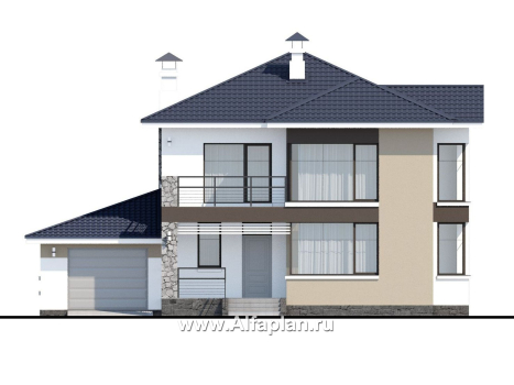 «Лотос» - проект современного двухэтажного дома, 4 спальни, с террасой, в стиле минимализм, с гаражом - превью фасада дома