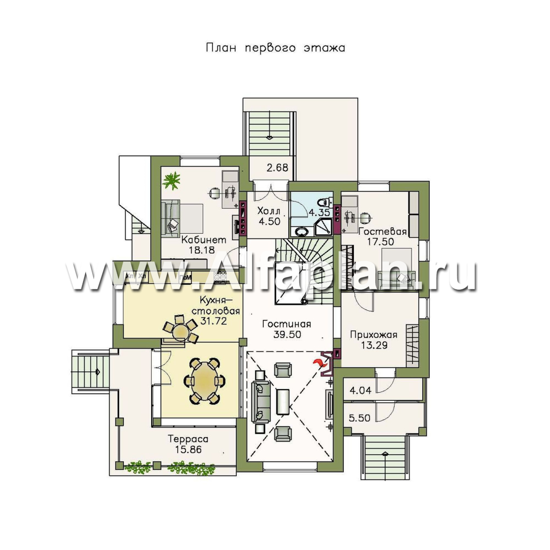 «Голицын»- проект двухэтажного дома, с двусветной гостиной и с террасой, в стиле модерн, с цокольным этажом - план дома