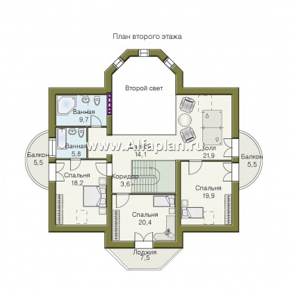 «Белта» -  проект дома из газобетона с мансардой, планировка со вторым светом в гостиной, с эркером и террасой - превью план дома