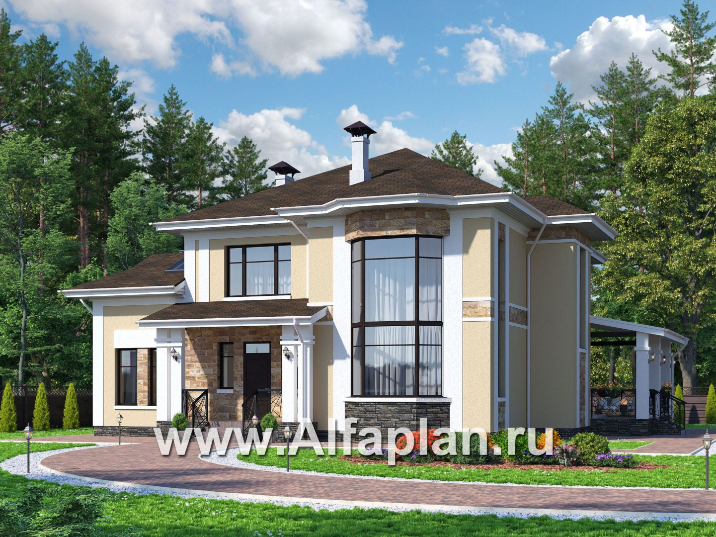 «Петергоф» - проект двухэтажного дома, планировка с эркером в двусветной гостиной, с террасой - основное изображение