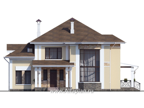 «Петергоф» - проект двухэтажного дома, планировка с эркером в двусветной гостиной, с террасой - превью фасада дома