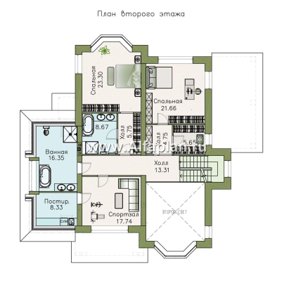 «Петергоф» - проект двухэтажного дома, планировка с эркером в двусветной гостиной, с террасой - превью план дома