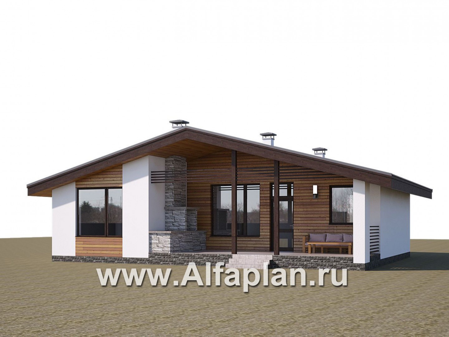 «Альфа» - проект одноэтажного дома, с сауной и с террасой в скандинавском стиле - дизайн дома №1