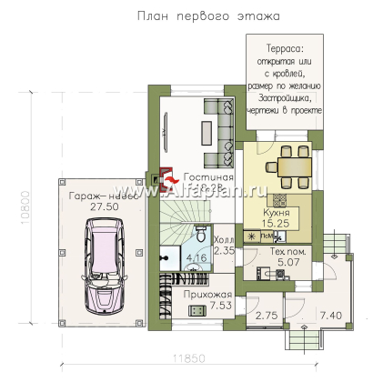 «Каюткомпания» - проект двухэтажного дома для небольшой семьи, 3 спальни, с навесом для авто - превью план дома