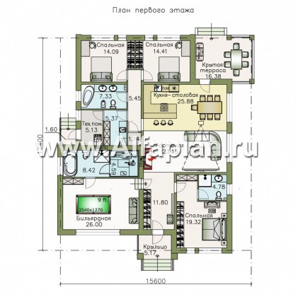 «Днестр» - проект одноэтажного дома, планировка 3 спальни, с бильярдной и сауной - превью план дома