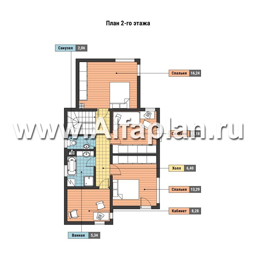 Проект каркасного двухэтажного дома, с террасой, планировка 4 спальни, с навесом на 2 авто - план дома