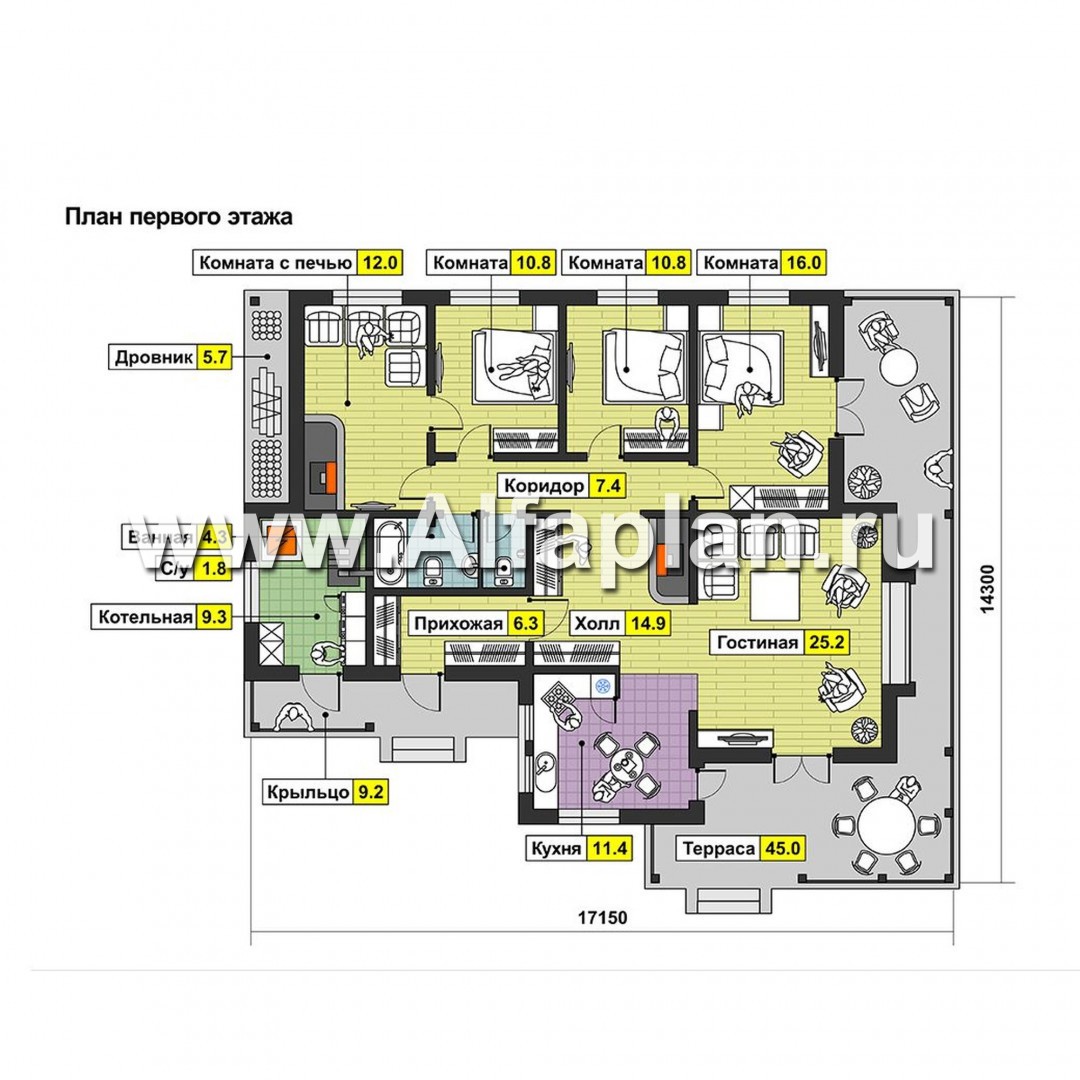 Проект одноэтажного дома из бруса, с террасой и дровником, 3 спальни и кабинет - план дома