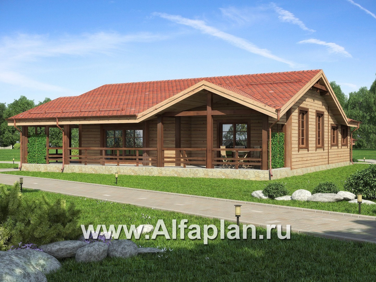 Проект одноэтажного дома из бруса, с террасой и дровником, 3 спальни и кабинет - дизайн дома №1