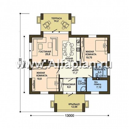 Проект одноэтажного дома, 2 спальни, с террасой, для небольшой семьи - превью план дома