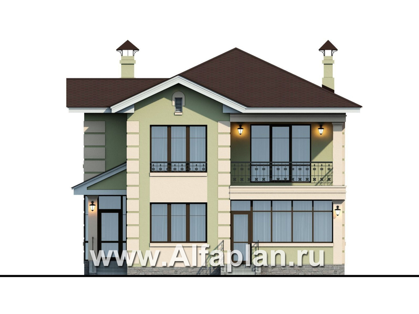 «Знаменка» — проект двухэтажного дома из газобетона, планировка с террасой и с балконом со стороны входа - фасад дома