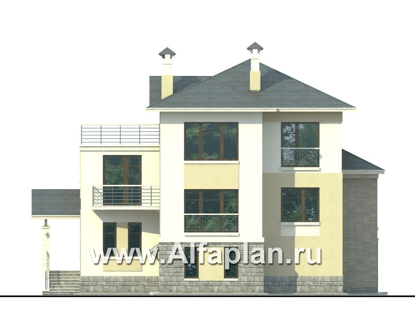 «Три  семерки» - проект трехэтажного дома, гараж в цоколе, второй свет и панорамные окна, современный дизайн дома - фасад дома