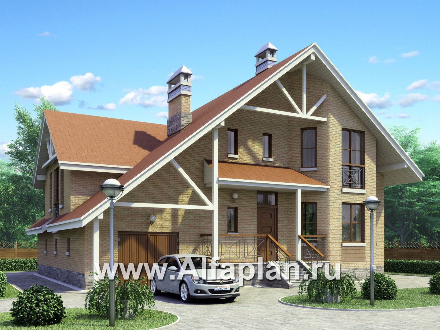 «Престиж» - проект дома с террасой и с гаражом, фасад дома с эркером, из кирпича, в стиле шале - основное изображение