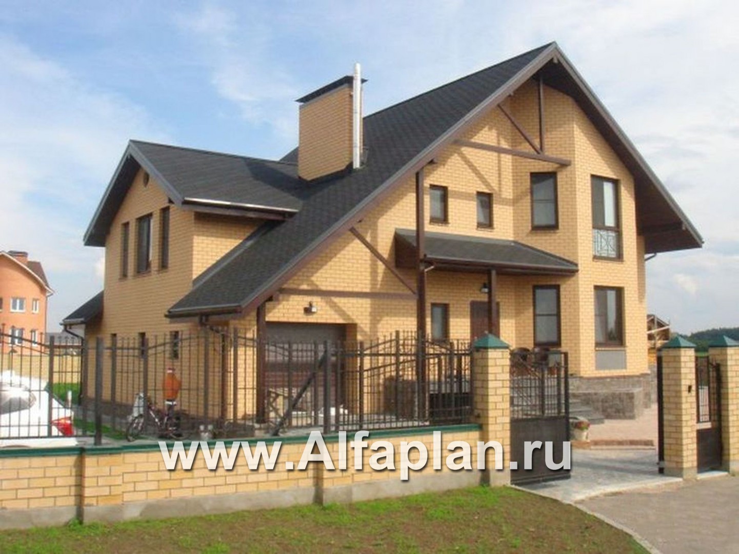 «Престиж» - проект дома с террасой и с гаражом, фасад дома с эркером, из кирпича, в стиле шале - дизайн дома №1