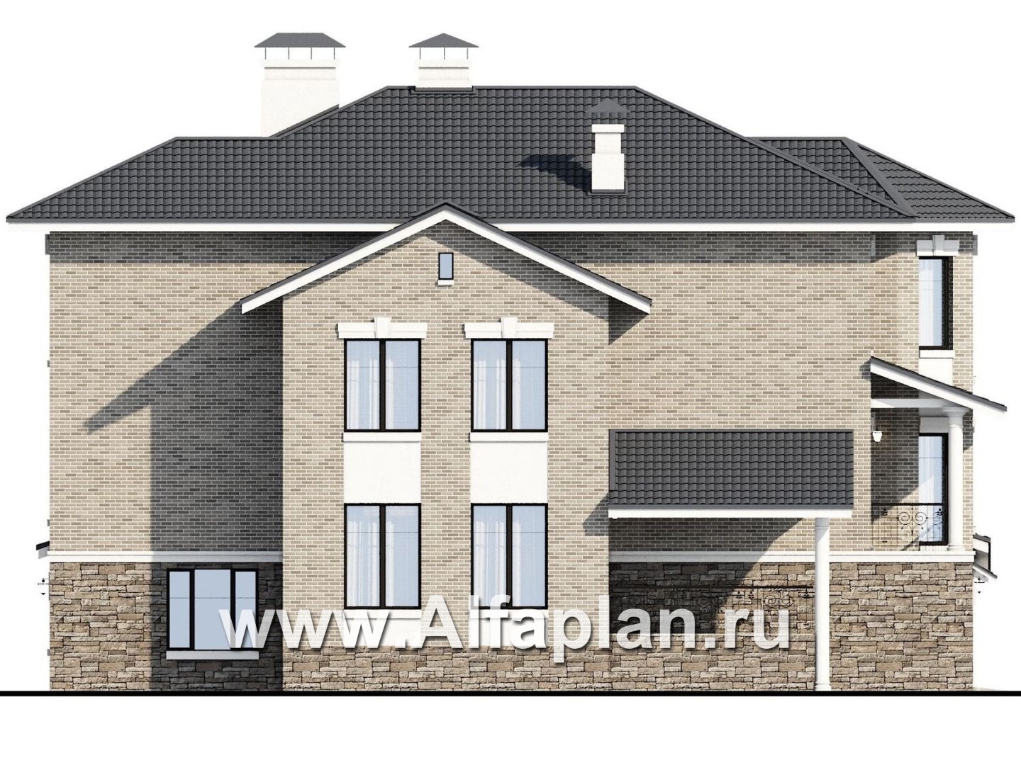 «Нева» - проект эксклюзивного трехэтажного дома из кирпича, с террасой и с эркером, с квартирой для персонала - фасад дома