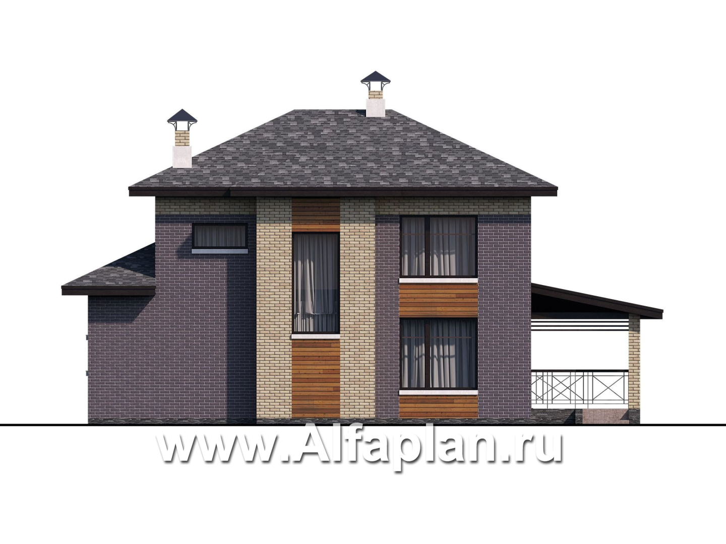 «Стимул» - проект двухэтажного дома с угловой террасой, из кирпича, планировка с кабинетом на 1 эт, в современном стиле - фасад дома