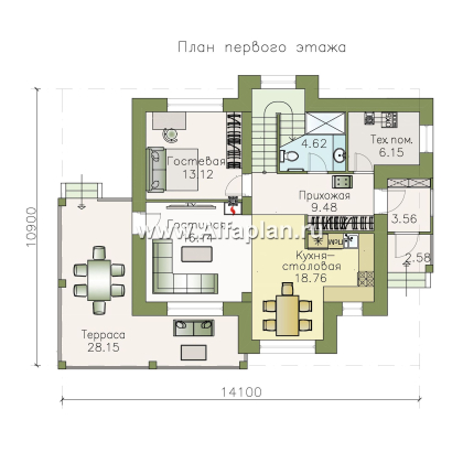 «Стимул» - проект двухэтажного дома с угловой террасой, из кирпича, планировка с кабинетом на 1 эт, в современном стиле - превью план дома