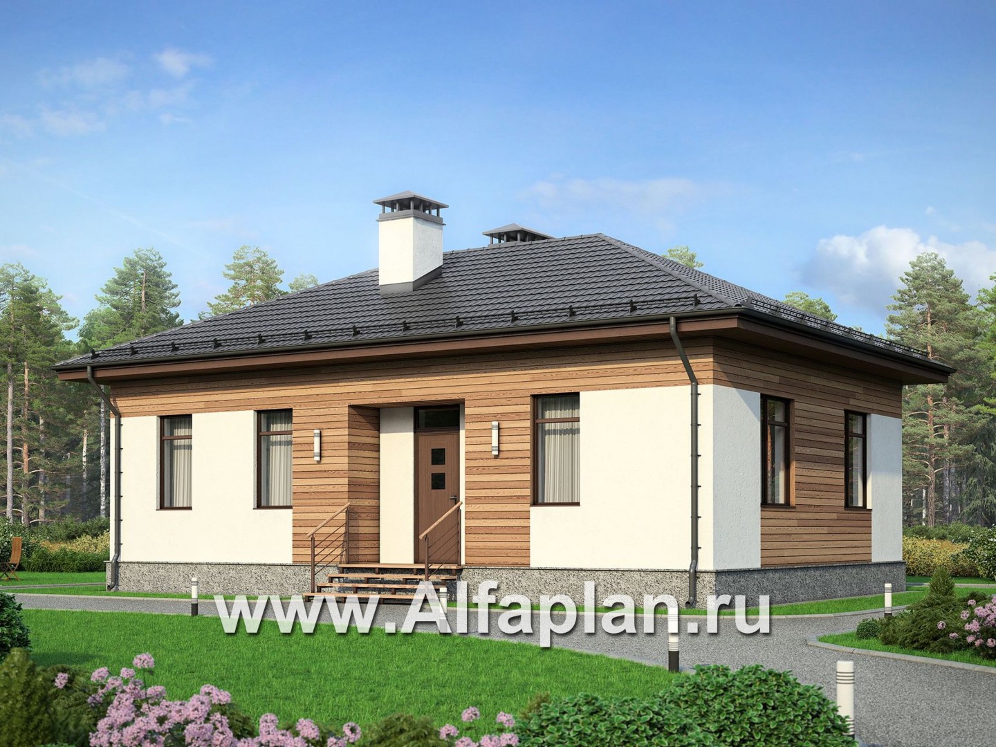 Проект простого одноэтажного дома, дача для небольшой семьи, 2 спальни, в современном стиле - основное изображение