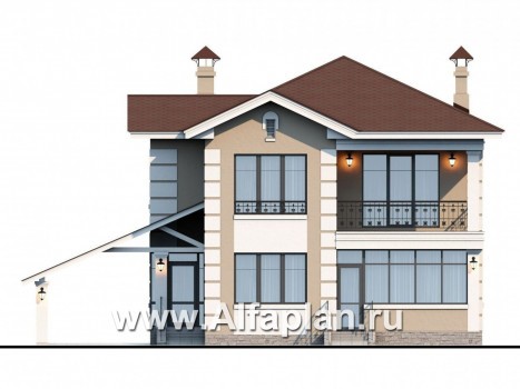 «Знаменка» - проект двухэтажного дома из газобетона, планировка с эркером и с террасой, с навесом на 1 авто - превью фасада дома