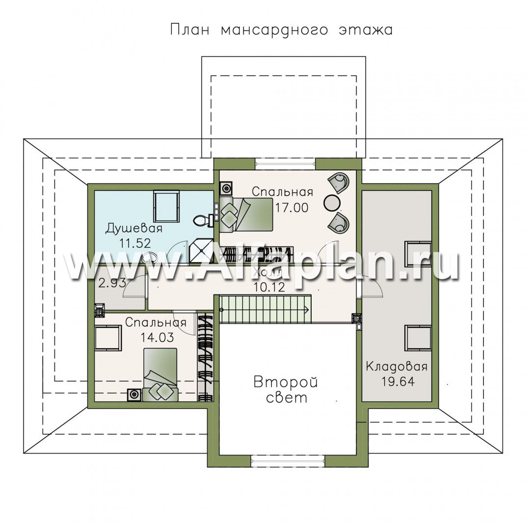 «Волга» - проект дома с мансардой, из газобетона, с террасой, планировка с тремя жилыми комнатами на 1 этаже и вторым светом - план дома