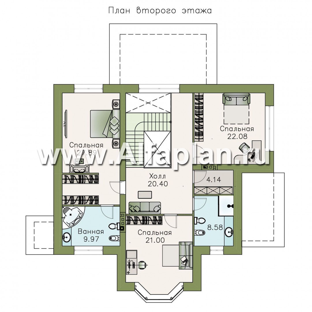 «Диадема» - проект двухэтажного дома, лестница в центре, с эркером и с террасой, в стиле эклектика - план дома
