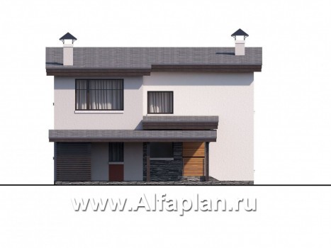 «Фабула» - проект двухэтажного дома с террасой и балконом, с навесом на 1 авто, в скандинавском стиле - превью фасада дома