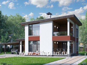 «Фабула» - проект двухэтажного дома с террасой и балконом, с навесом на 1 авто, в скандинавском стиле