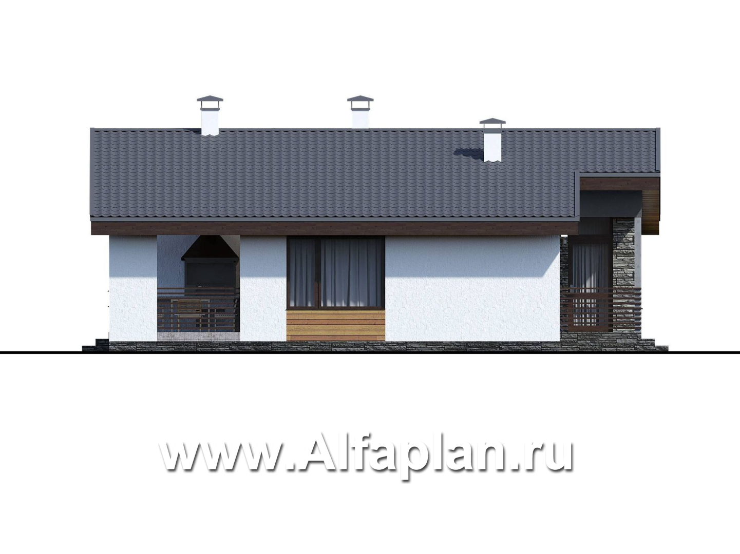 «Калисто» - проект одноэтажного дома из газобетона,  в скандинавском стиле, с террасой и с островным камином - фасад дома