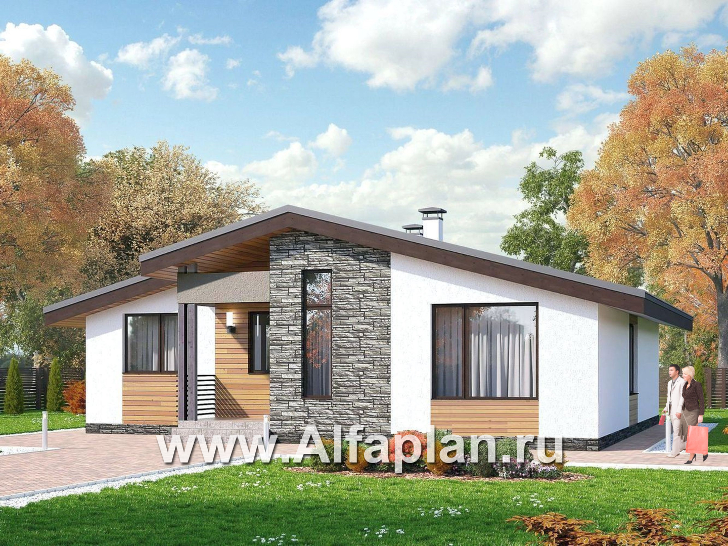 «Калисто» - проект одноэтажного дома из газобетона,  в скандинавском стиле, с террасой и с островным камином - дизайн дома №3