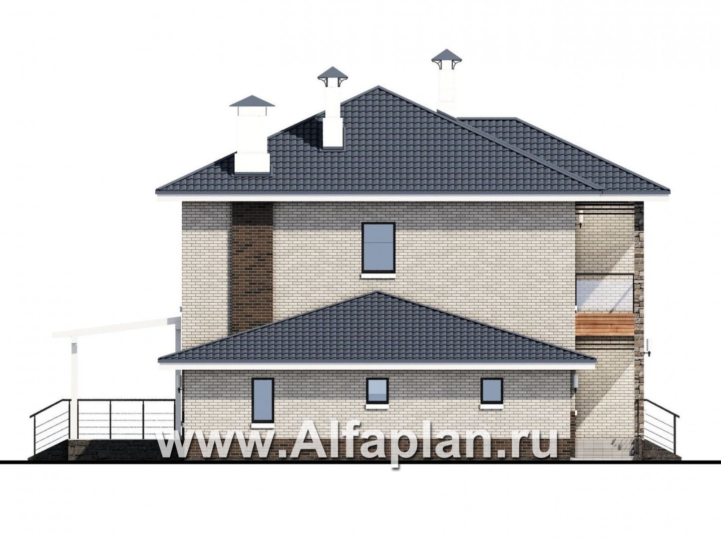 «Вязьма» - проект двухэтажного дома из газобетона, планировка с двусветной гостиной, с террасой и с гаражом - фасад дома