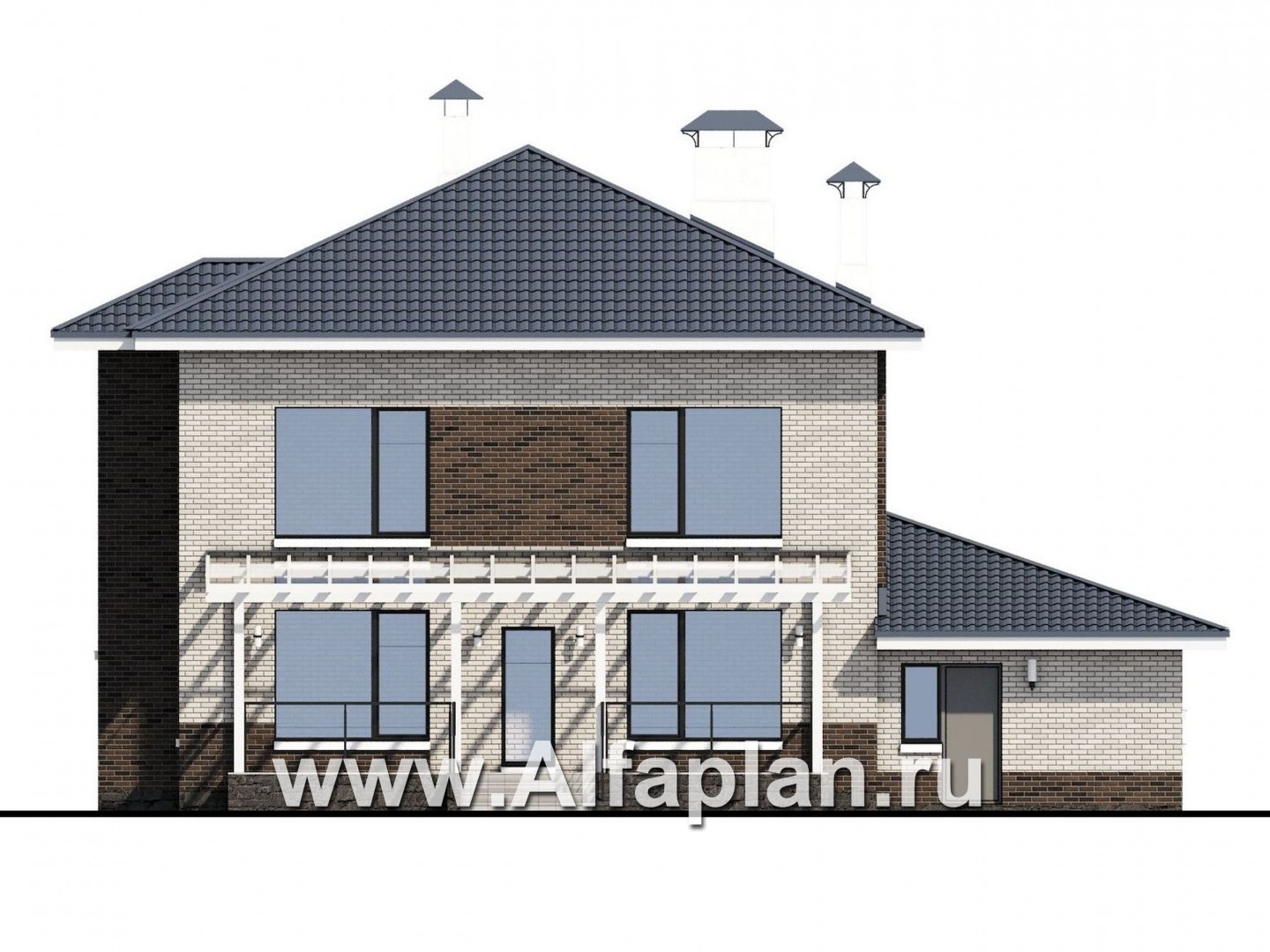 «Вязьма» - проект двухэтажного дома из газобетона, планировка с двусветной гостиной, с террасой и с гаражом - фасад дома