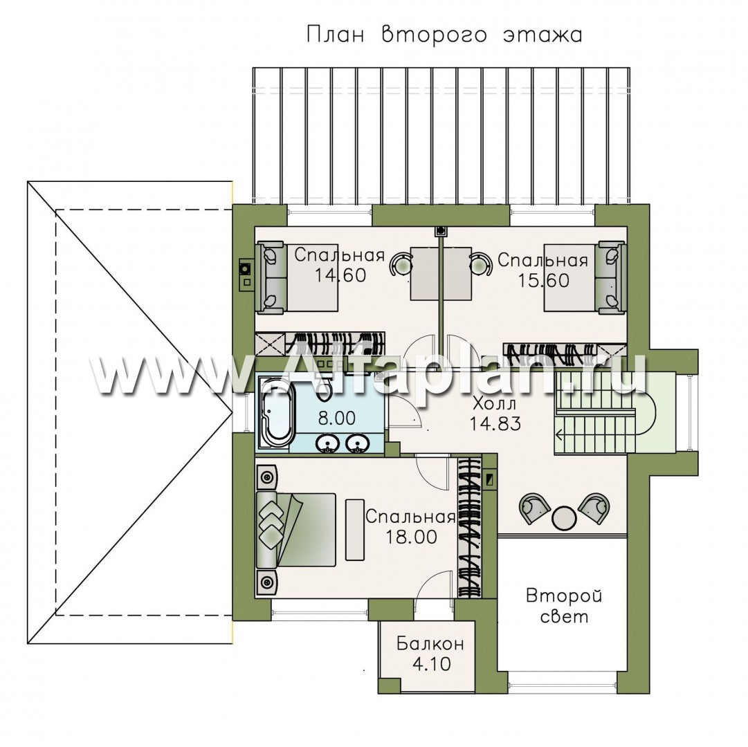 «Вязьма» - проект двухэтажного дома из газобетона, планировка с двусветной гостиной, с террасой и с гаражом - план дома