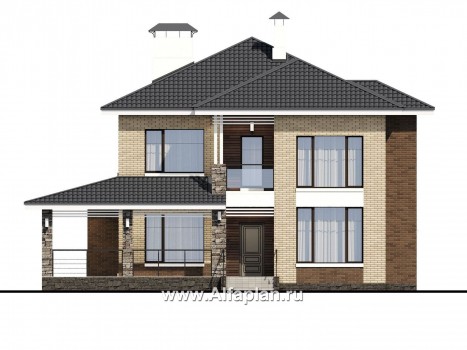 «Роман с камнем» — проект двухэтажного дома из газобетона, планировка дома с террасой при входе - превью фасада дома