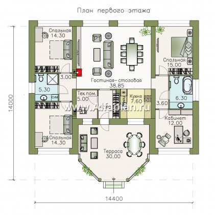 «Леда» - проект одноэтажного дома, 4 спальни, с террасой как беседка, отличная планировка - превью план дома
