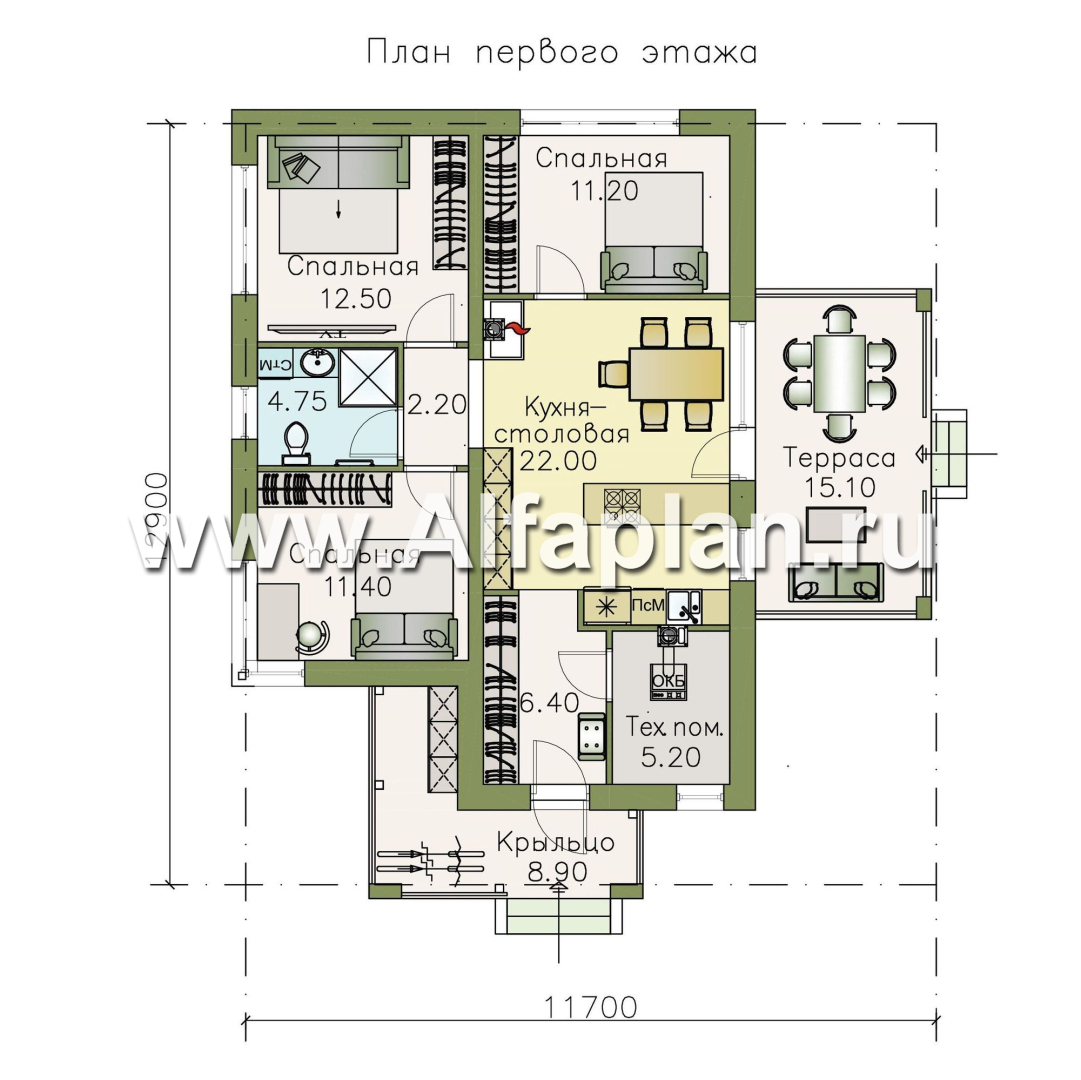 «Аэда» - проект одноэтажного дома, 3 спальни, с остекленной верандой, в современном стиле - план дома