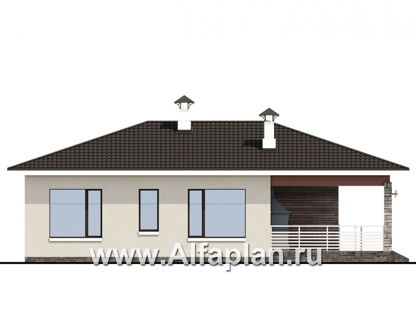 «Мелета» - проект одноэтажного дома из газобетона, 3 спальни, с террасой на входе, в современном стиле - фасад дома