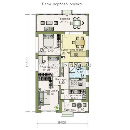 «Каллиопа» - проект одноэтажного дома для узкого участка, 3 спальни, с террасой, в современном стиле - превью план дома