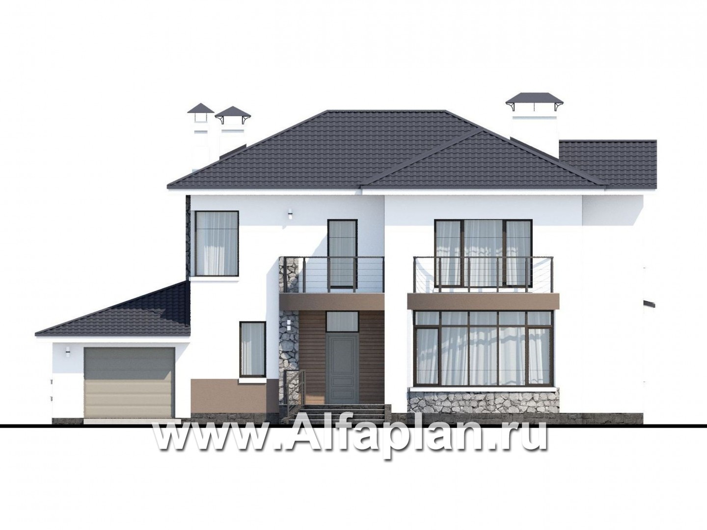 «Гедонист» -  проект двухэтажного дома с двусветной столовой, с террасой и балконом, гараж, в скандинавском стиле - фасад дома