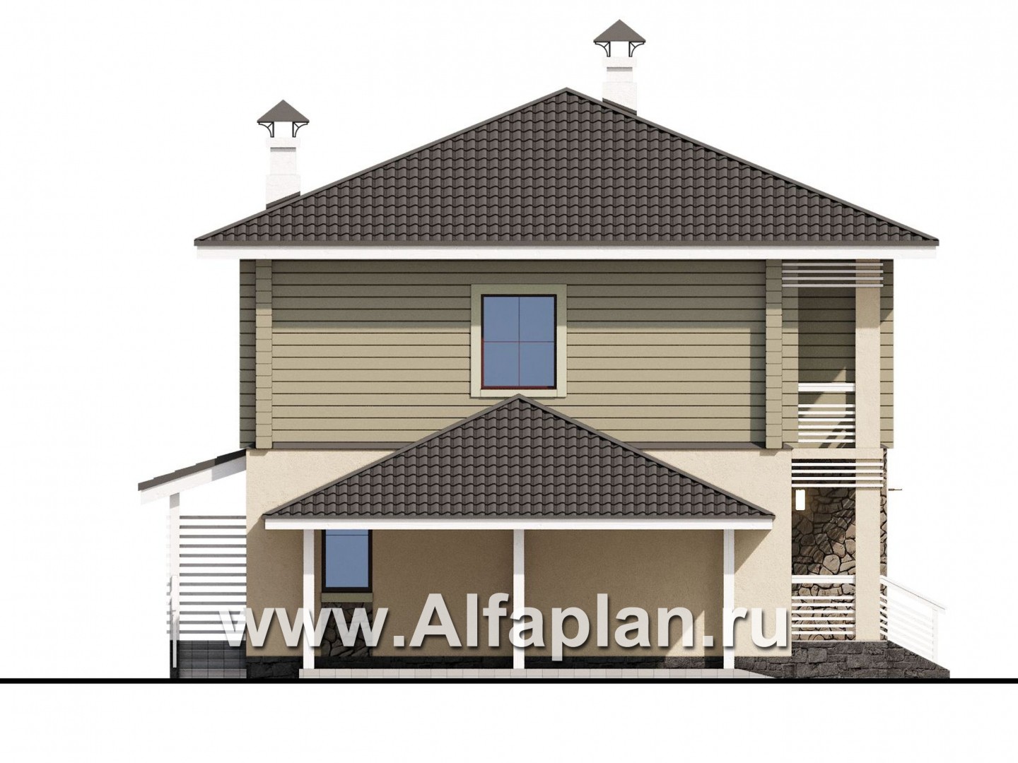 «АльфаВУД» - проект двухэтажного дома, из газобетона и клееного бруса, с террасой и навесом для авто - фасад дома
