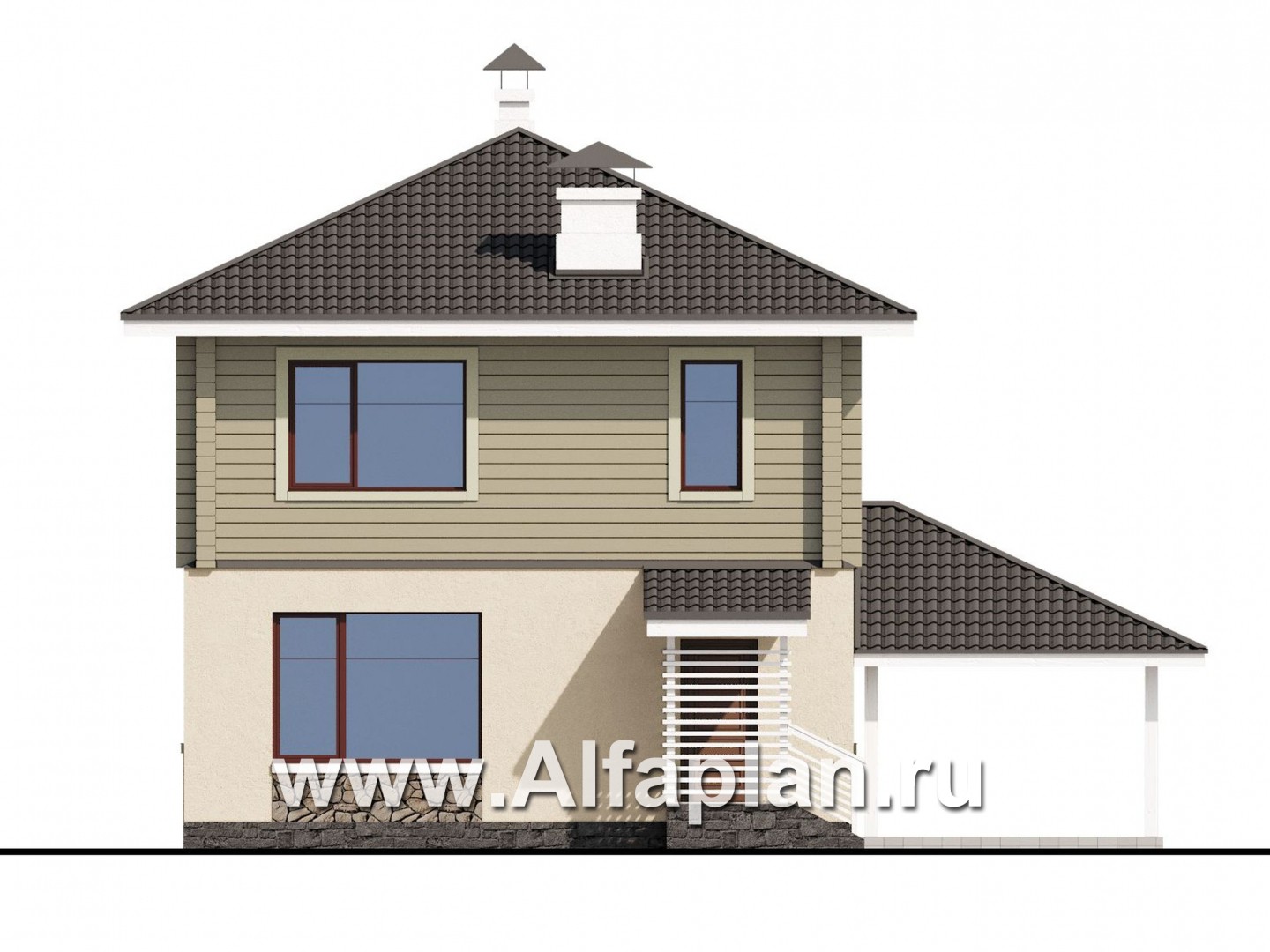 «АльфаВУД» - проект двухэтажного дома, из газобетона и клееного бруса, с террасой и навесом для авто - фасад дома