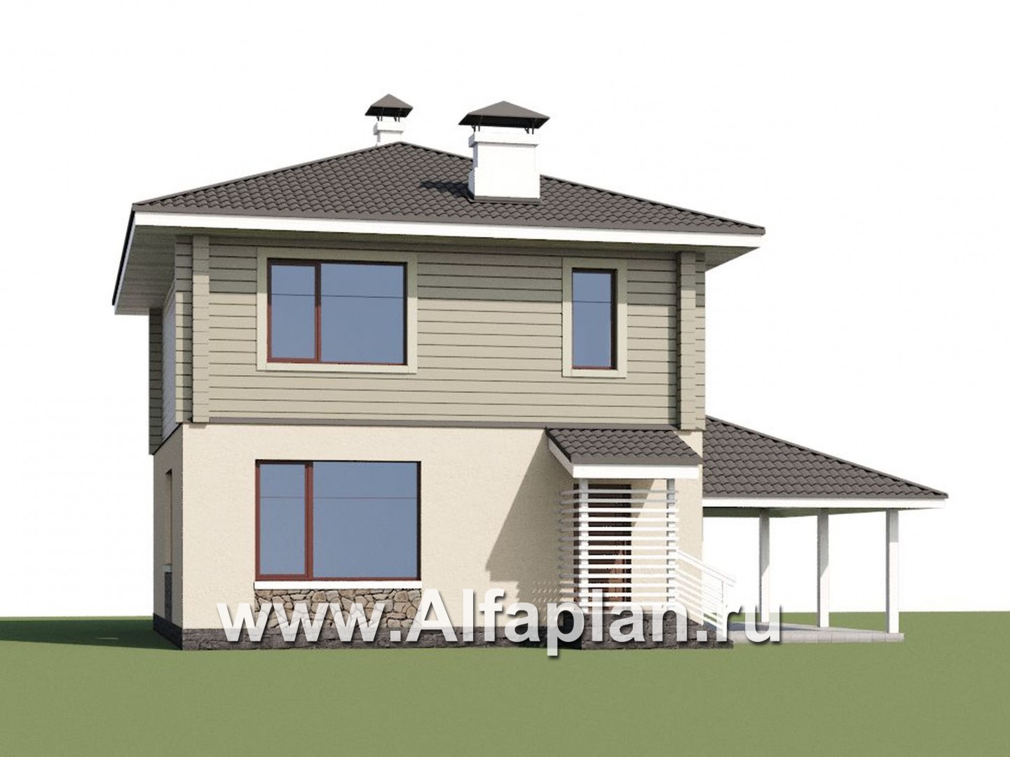 «АльфаВУД» - проект двухэтажного дома, из газобетона и клееного бруса, с террасой и навесом для авто - дизайн дома №1