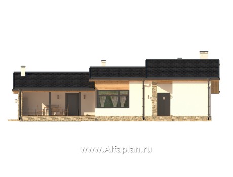 Проект бани, планировка с сауной и с террасой, дом для отдыха в скандинавском стиле - превью фасада дома