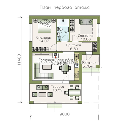 «Виньон» - проект одноэтажного дома, планировка с большой террасой, 2 спальни - превью план дома
