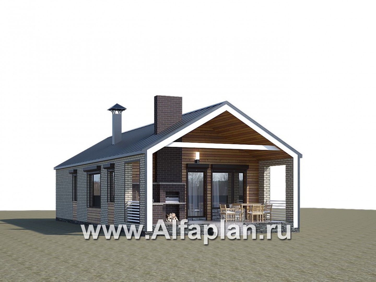 «Тета» -  проект одноэтажного дома в стиле барнхаус, с террасой и барбекю на террасе, 2 спальни - дизайн дома №1